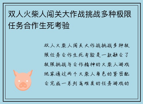 双人火柴人闯关大作战挑战多种极限任务合作生死考验